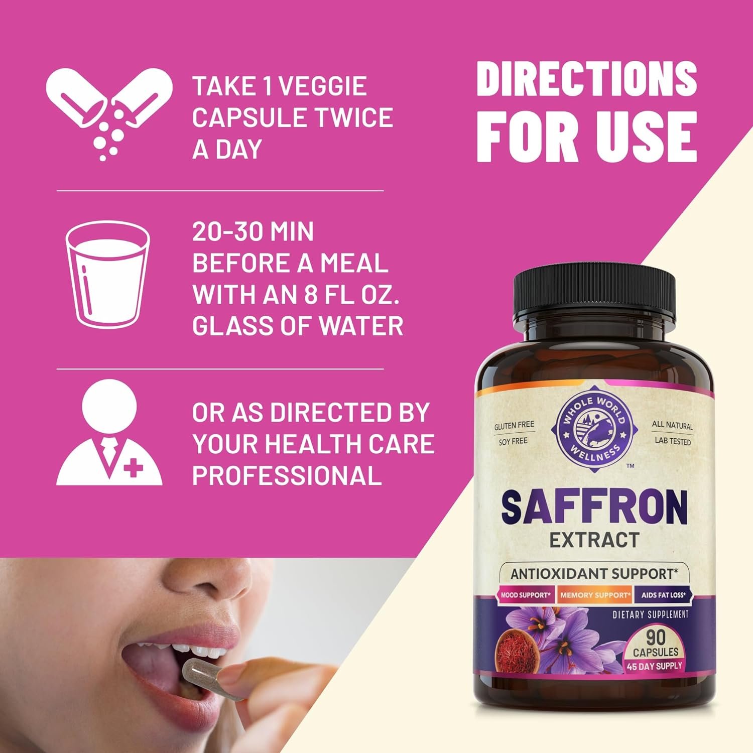 100% Pure Saffron Extract - Metabolism Booster Natural Appetite Suppressant for Weight Loss. Saffron Mood Enhancer for Women Men, Natural Diet Pills for Women Men. USA Made, 90 Servings.