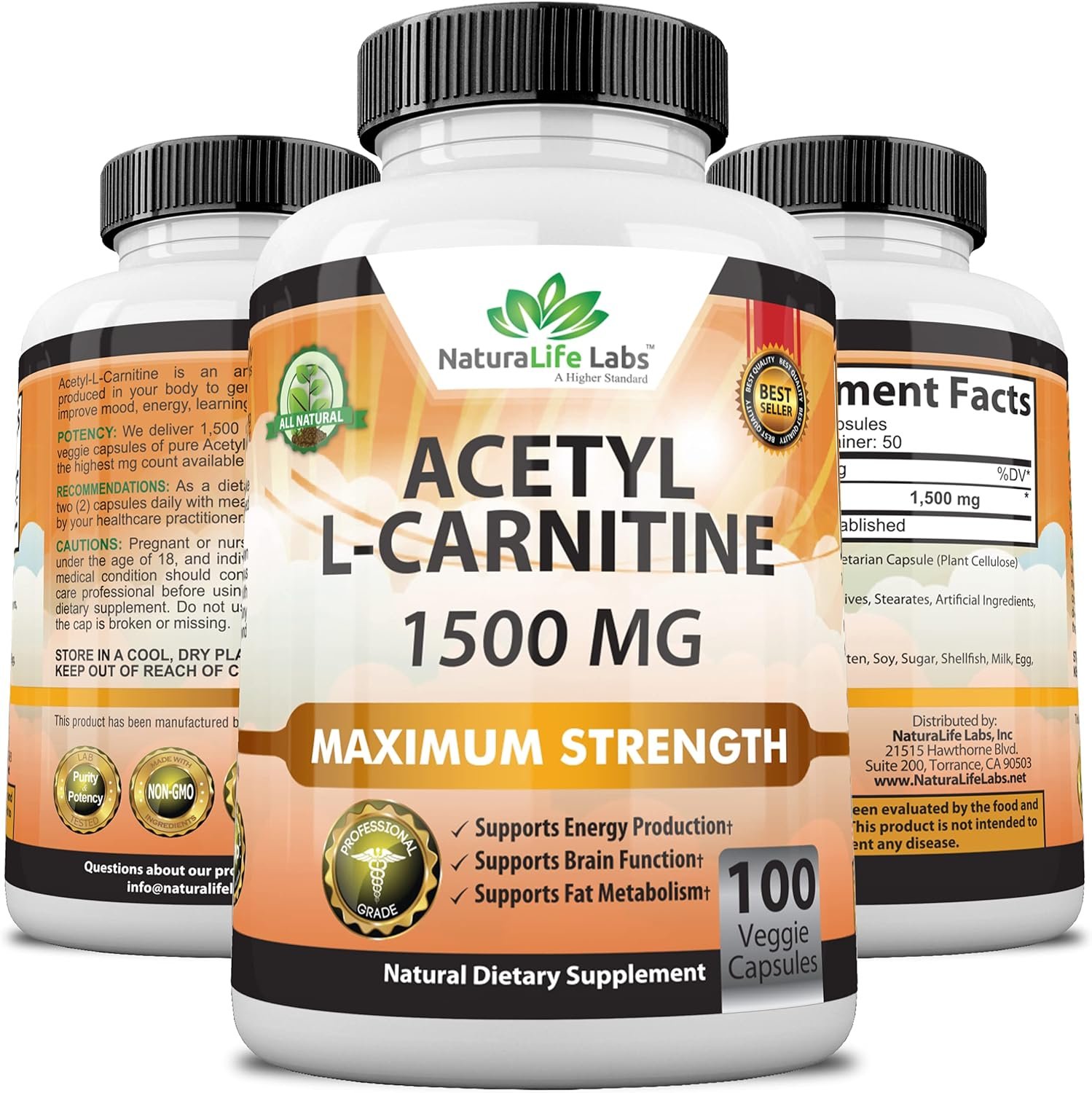 Acetyl L-Carnitine 1,500 mg High Potency Supports Natural Energy Production, Sports Nutrition, Supports Memory/Focus - 100 Veggie Capsules