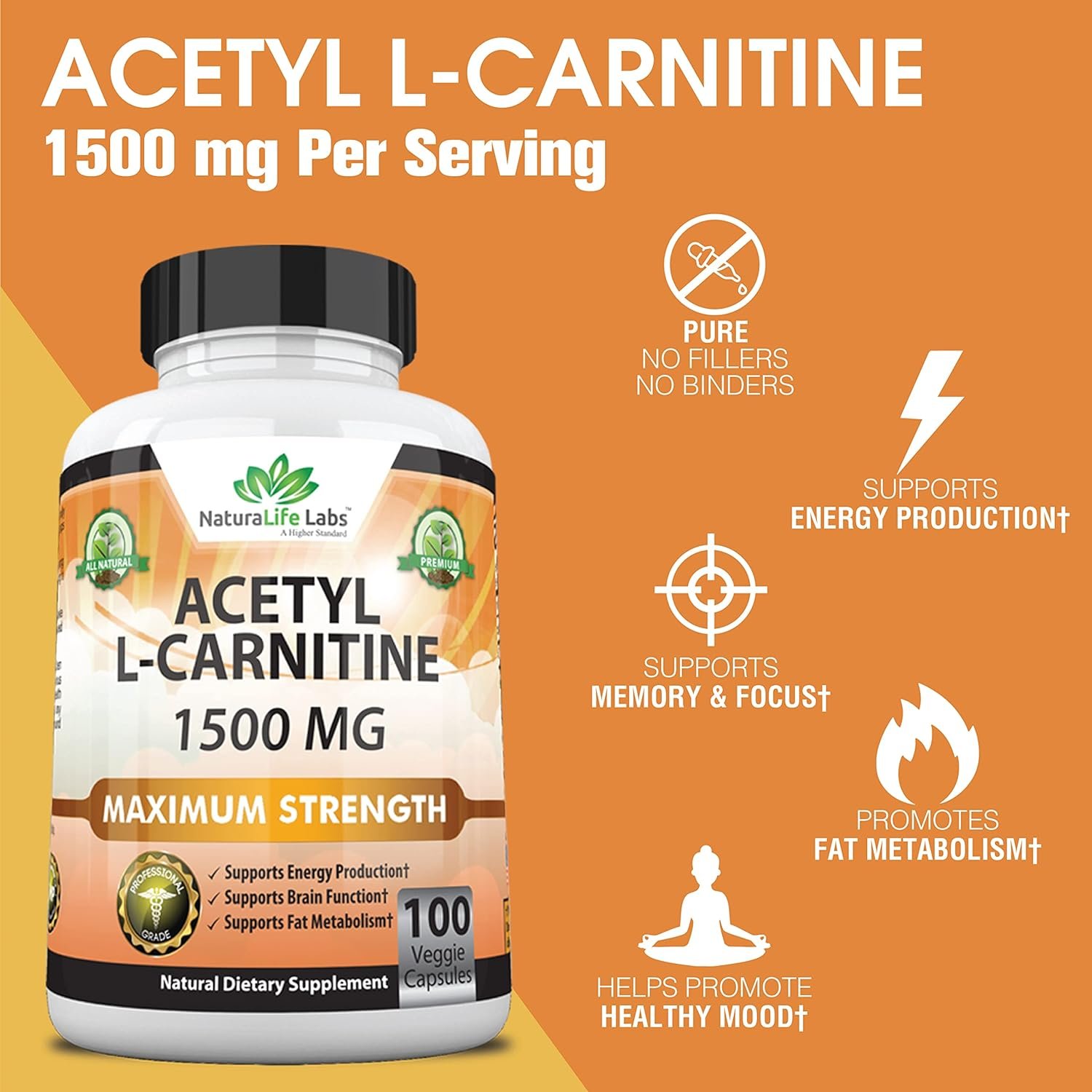 Acetyl L-Carnitine 1,500 mg High Potency Supports Natural Energy Production, Sports Nutrition, Supports Memory/Focus - 100 Veggie Capsules