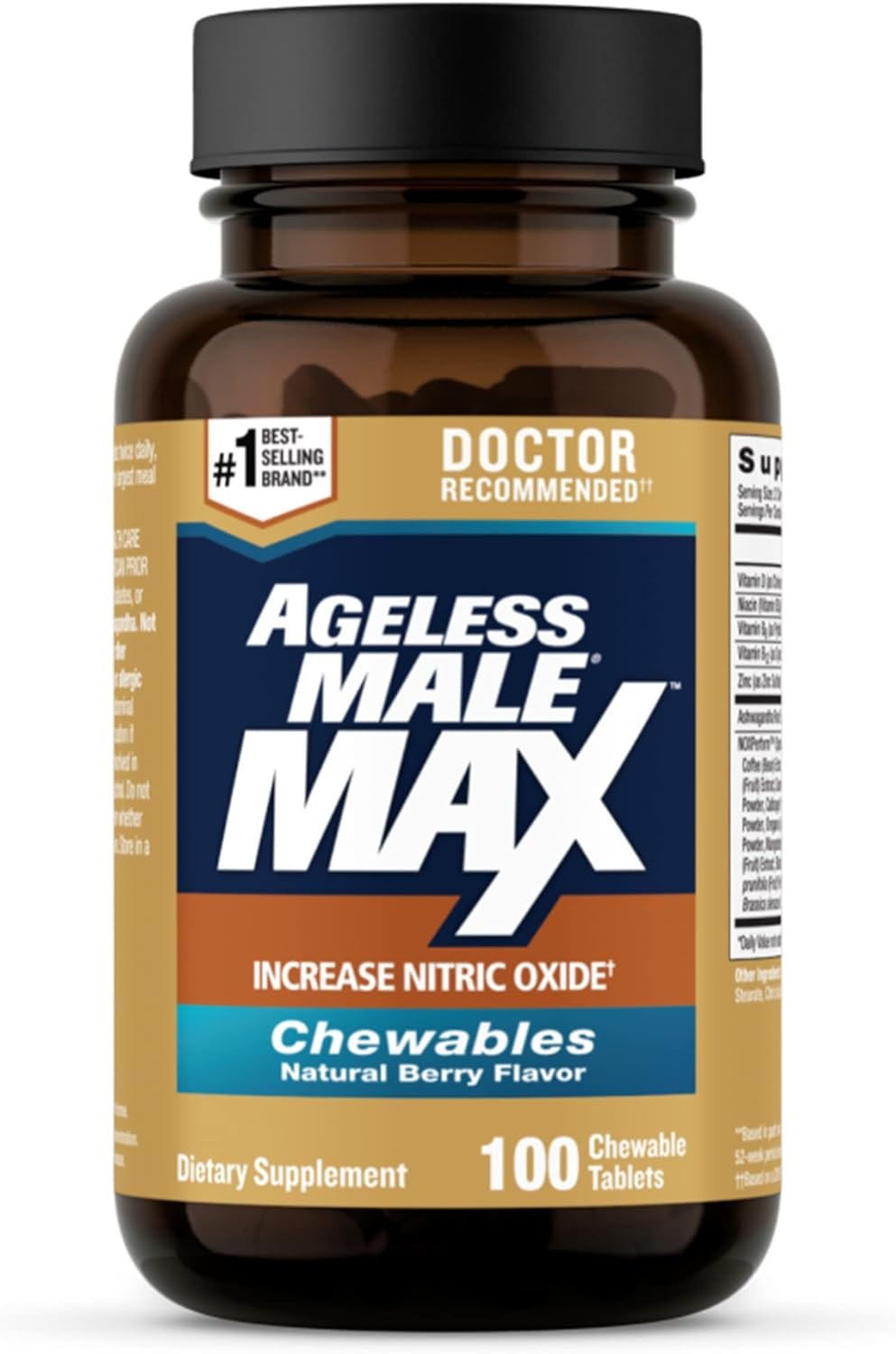 Ageless Male Max Chewable Nitric Oxide Booster Supplement for Men – High Potency Ashwagandha Extract to Boost Workouts, Muscle Performance, Reduce Stress, Support Sleep (100 Chews, 1-Bottle)