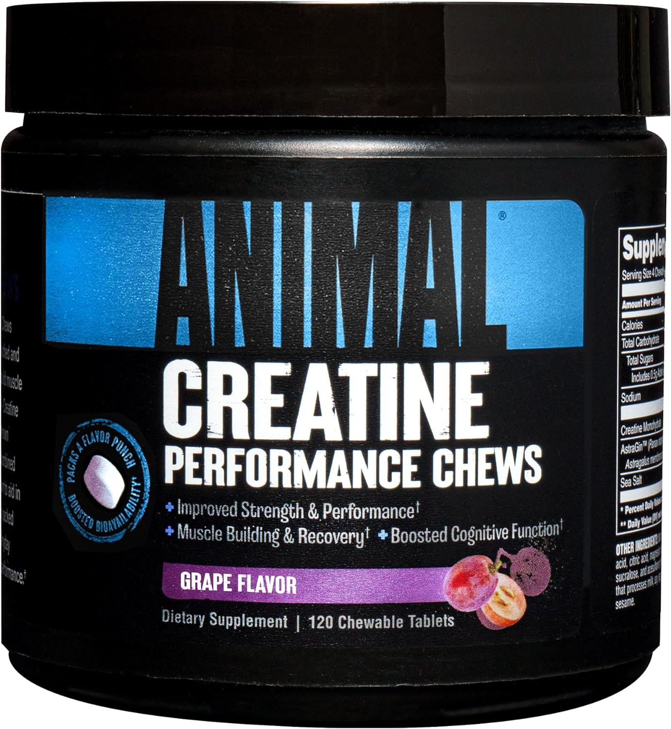 Animal Creatine Chews Tablets - Enhanced Creatine Monohydrate with AstraGin to Improve Absorption, Sea Salt for Added Pumps, Delicious and Convenient Chewable Tablets - Grape