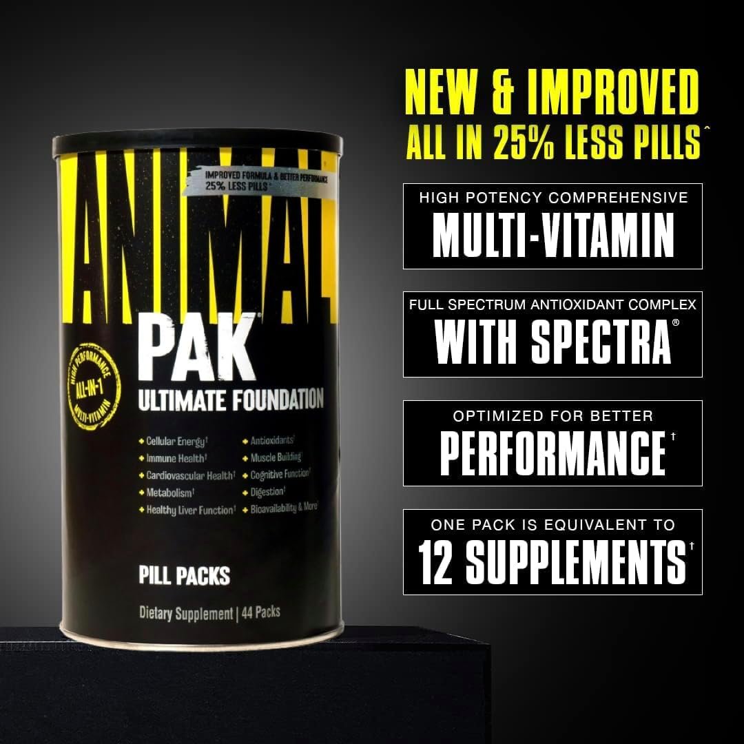 Animal Pak - Convenient All-in-One Vitamin Supplement Pack - Zinc, Vitamins C, B, D, Amino Acids and More - Sports Nutrition Performance Mulitvitamin for Women Men - Updated Version - 44 Count