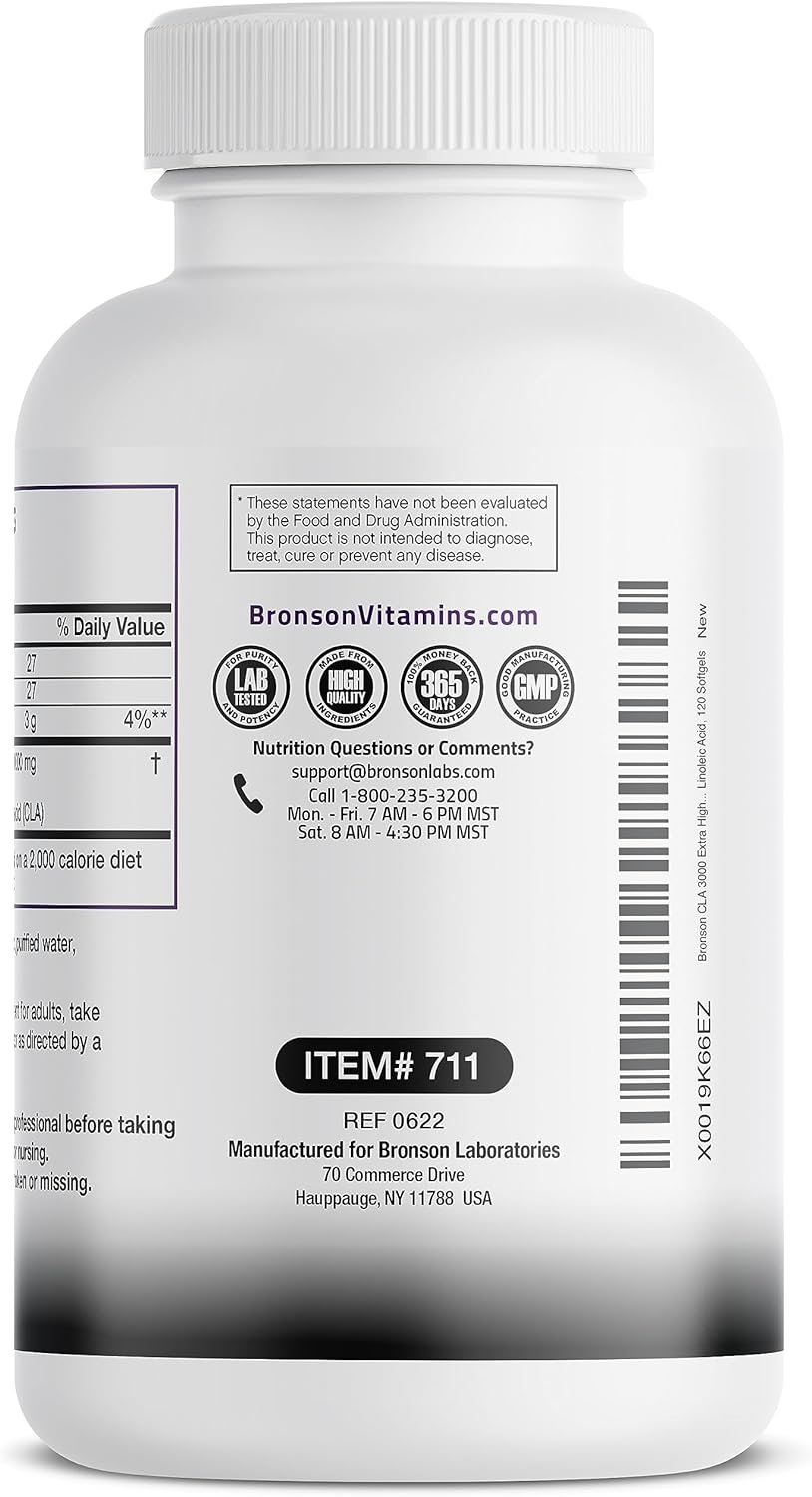 Bronson CLA 3000 Extra High Potency Supports Healthy Weight Management Lean Muscle Mass Non-Stimulating Conjugated Linoleic Acid, 90 Softgels