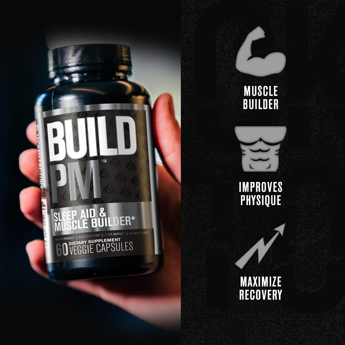 Build PM Night Time Muscle Builder Sleep Aid - Post Workout Recovery Sleep Support Supplement w/VitaCherry Tart Cherry, Ashwagandha, Melatonin - 60 Natural Veggie Pills