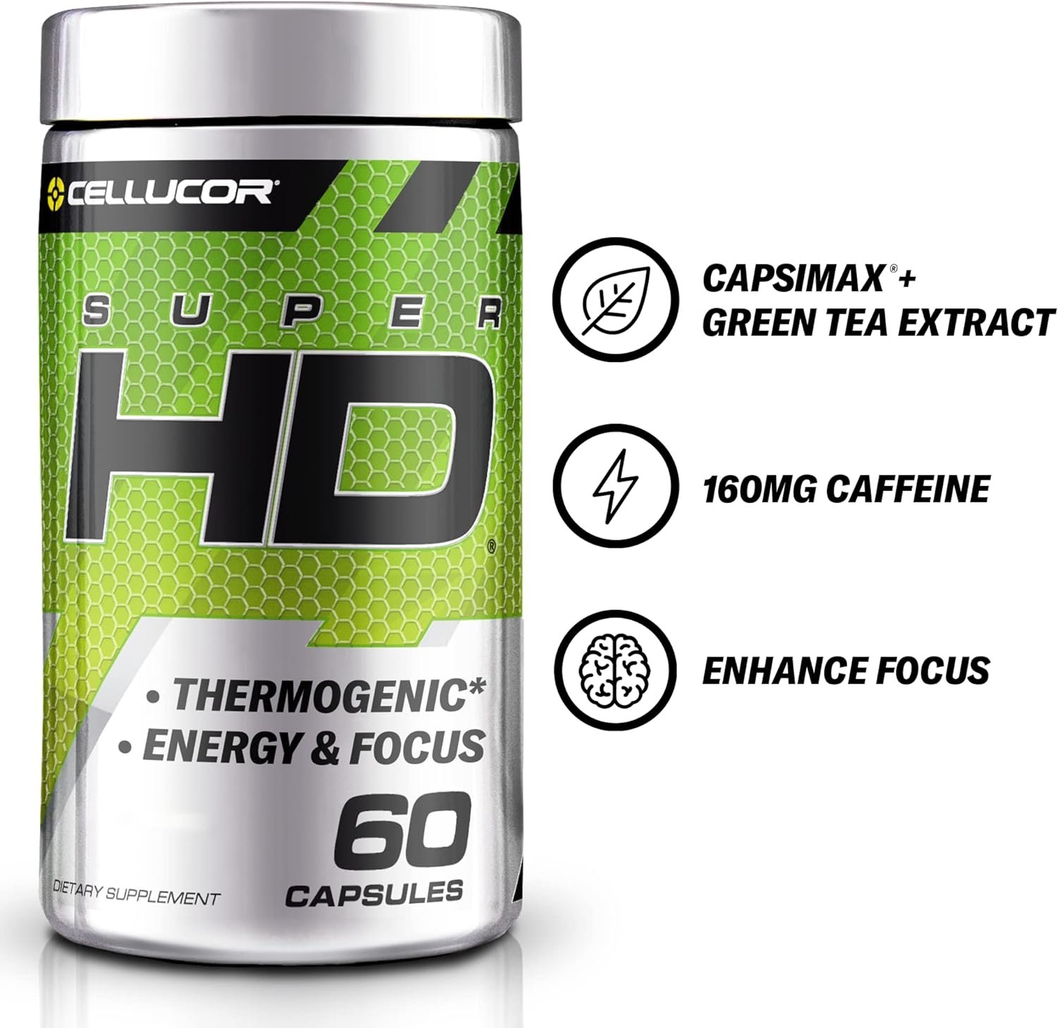 Cellucor Super HD for Men Women - Enhance Focus and Increase Energy - Capsimax, Green Tea Extract, 160mg Caffeine More 60 Servings