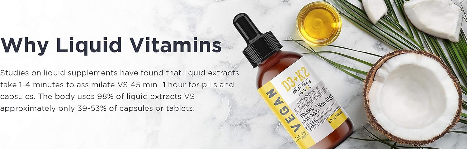 GIVOL Vitamin D3 K2 Organic drops (as Lichen) +K2 (as MK4 MK7) in Coconut Oil. Organic, Plant-Based, Vegan, Gluten Free, Wheat Free, Soy Free*, Non-GMO