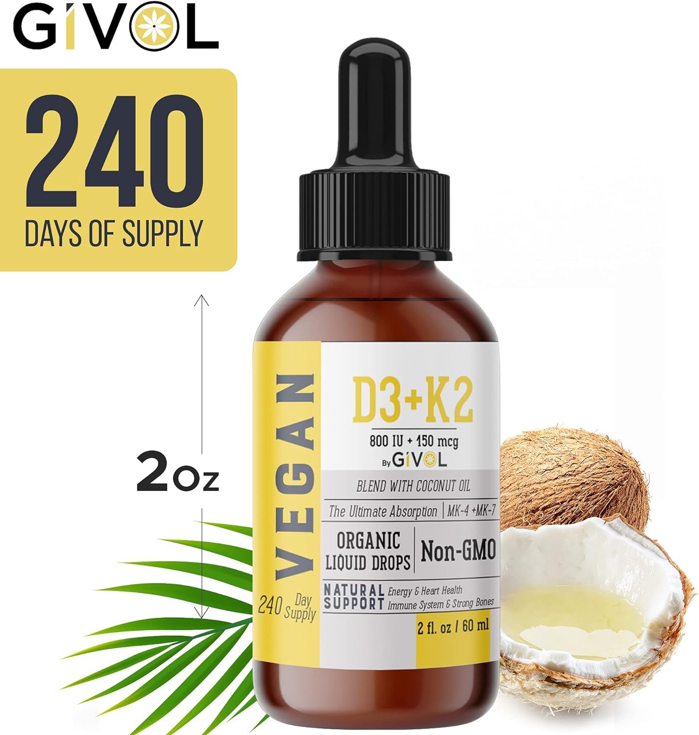 GIVOL Vitamin D3 K2 Organic drops (as Lichen) +K2 (as MK4 MK7) in Coconut Oil. Organic, Plant-Based, Vegan, Gluten Free, Wheat Free, Soy Free*, Non-GMO