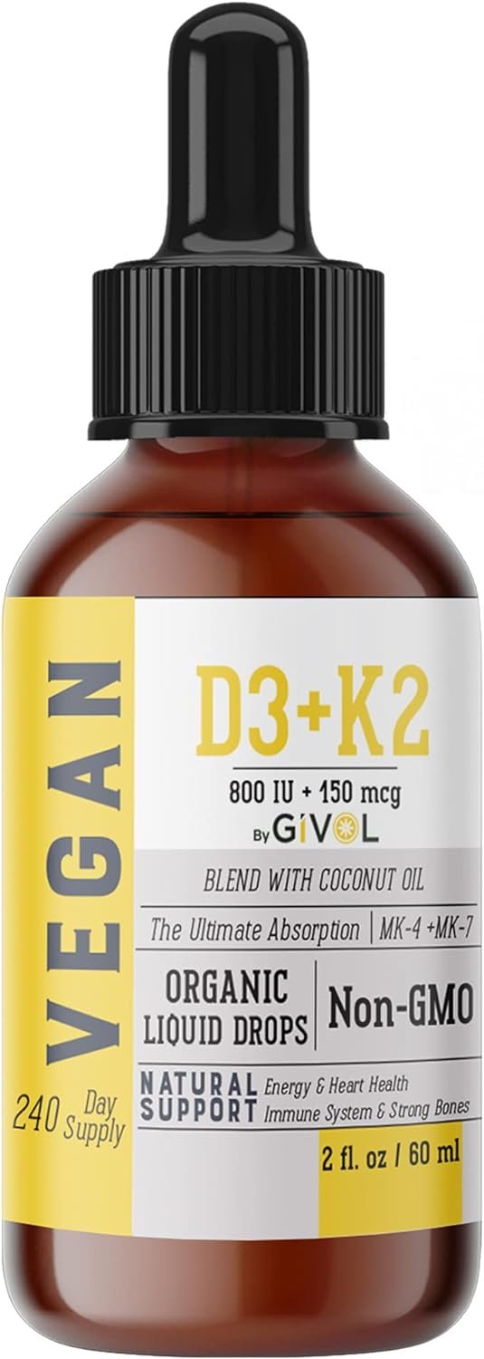 GIVOL Vitamin D3 K2 Organic drops (as Lichen) +K2 (as MK4 MK7) in Coconut Oil. Organic, Plant-Based, Vegan, Gluten Free, Wheat Free, Soy Free*, Non-GMO