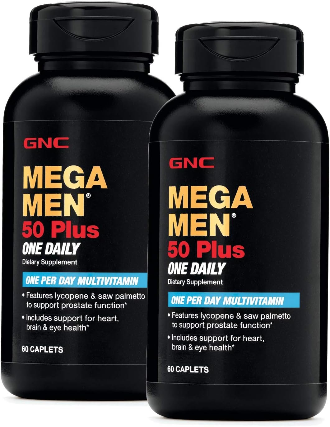 GNC Mega Men 50 Plus One Daily Multivitamin, Twin Pack, 60 Caplets per Bottle, Supports Heart, Brain and Eye Health