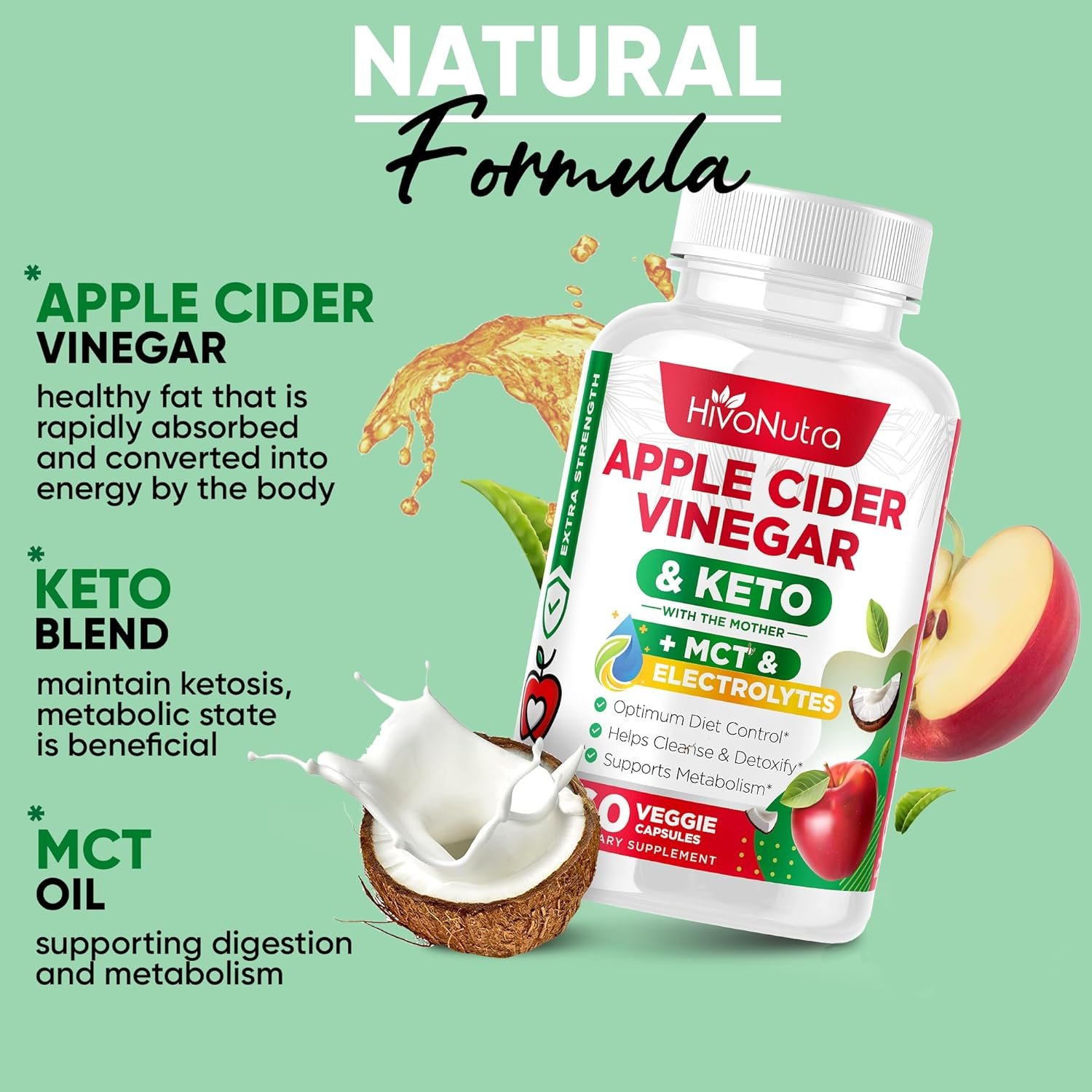 HivoNutra 4X Strength Apple Cider Vinegar Capsules + Keto MCT Oil for Women Men - Diet Supplement Helps Cleanse Detox - Supports Healthy Diet - Vegan ACV Pills with Mother