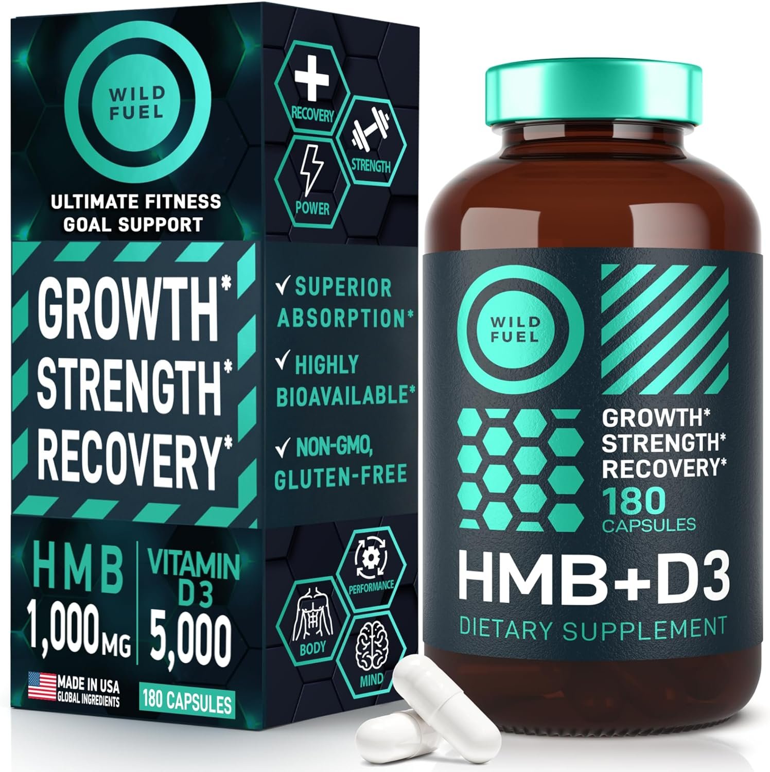 HMB and Vitamin D3 Supplement Capsules - Muscle Growth, Strength, Performance and Recovery Support - B-Hydroxy B-Methylbutyrate 1,000 MG HMB Supplements with Calcium, D3 250%DV - 90 Serve, 180 Caps