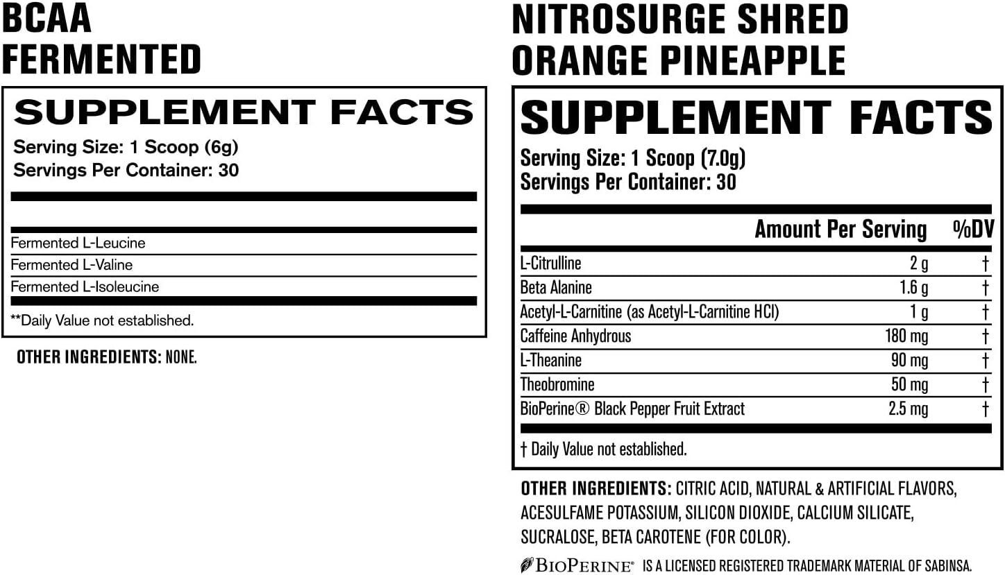 Jacked Factory Nitrosurge Shred Thermogenic Pre-Workout in Orange Pineapple BCAA in Fruit Punch for Body Recomposition, Muscle Building and Recovery