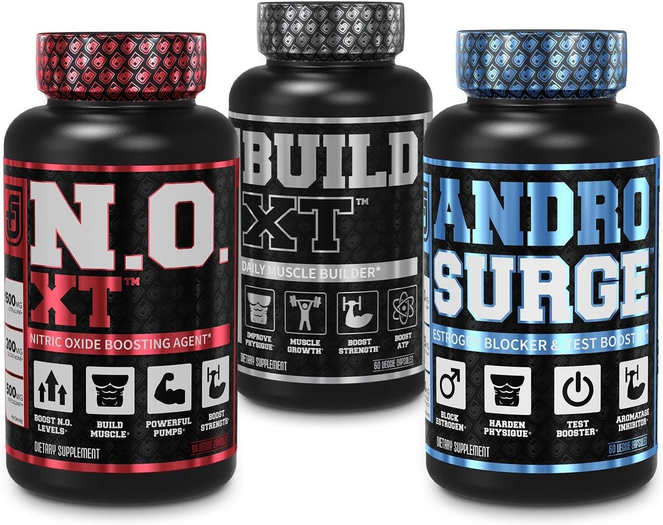 Jacked Factory N.O. XT Nitric Oxide Supplement, Build-XT Muscle Builder, Androsurge Estrogen Blocker for Men