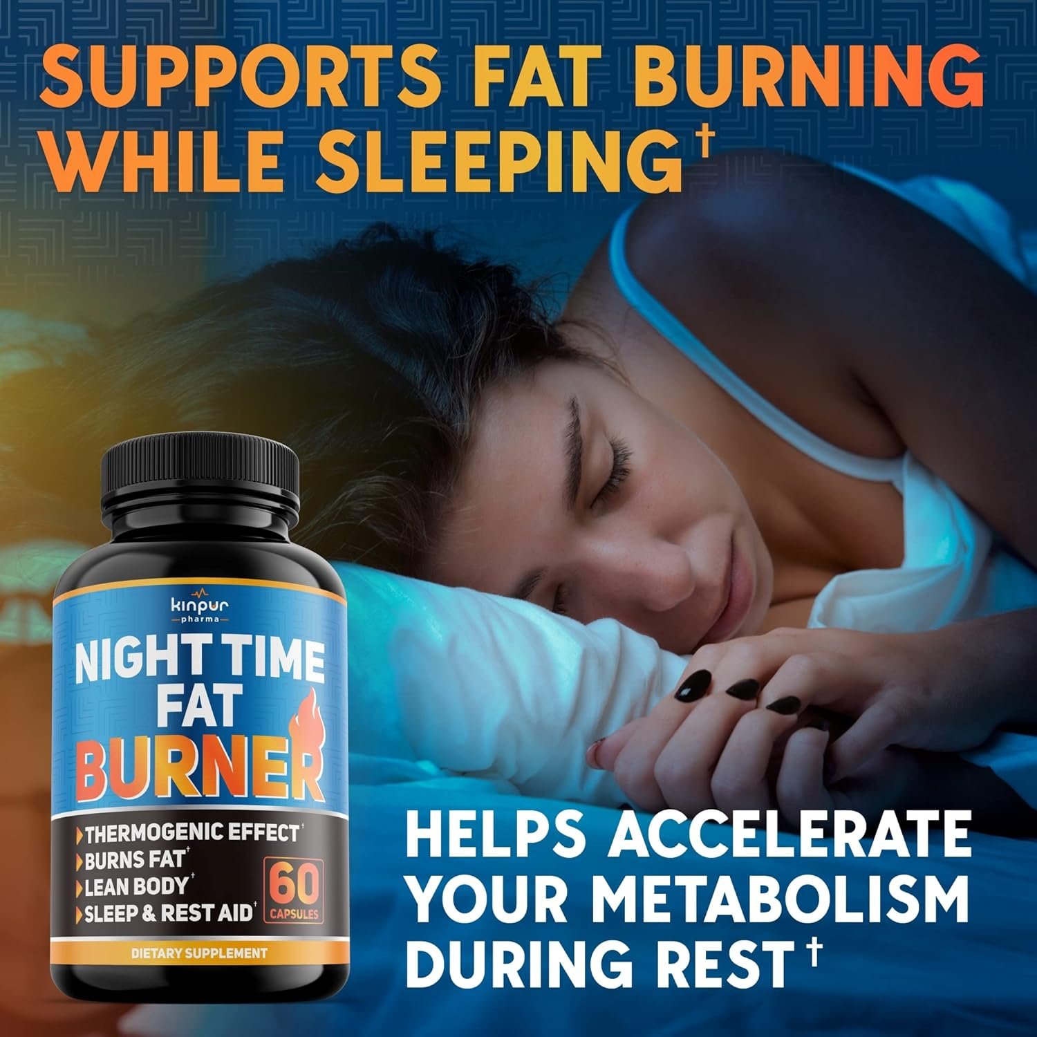 Kinpur Pharma Night Time Fat Burner for Men, Women - Weight Loss Supplement, Appetite Suppressant - Diet Pills That Work Fast - Energy, Metabolism Booster - Natural Plant Extract - 120 Caps in Total