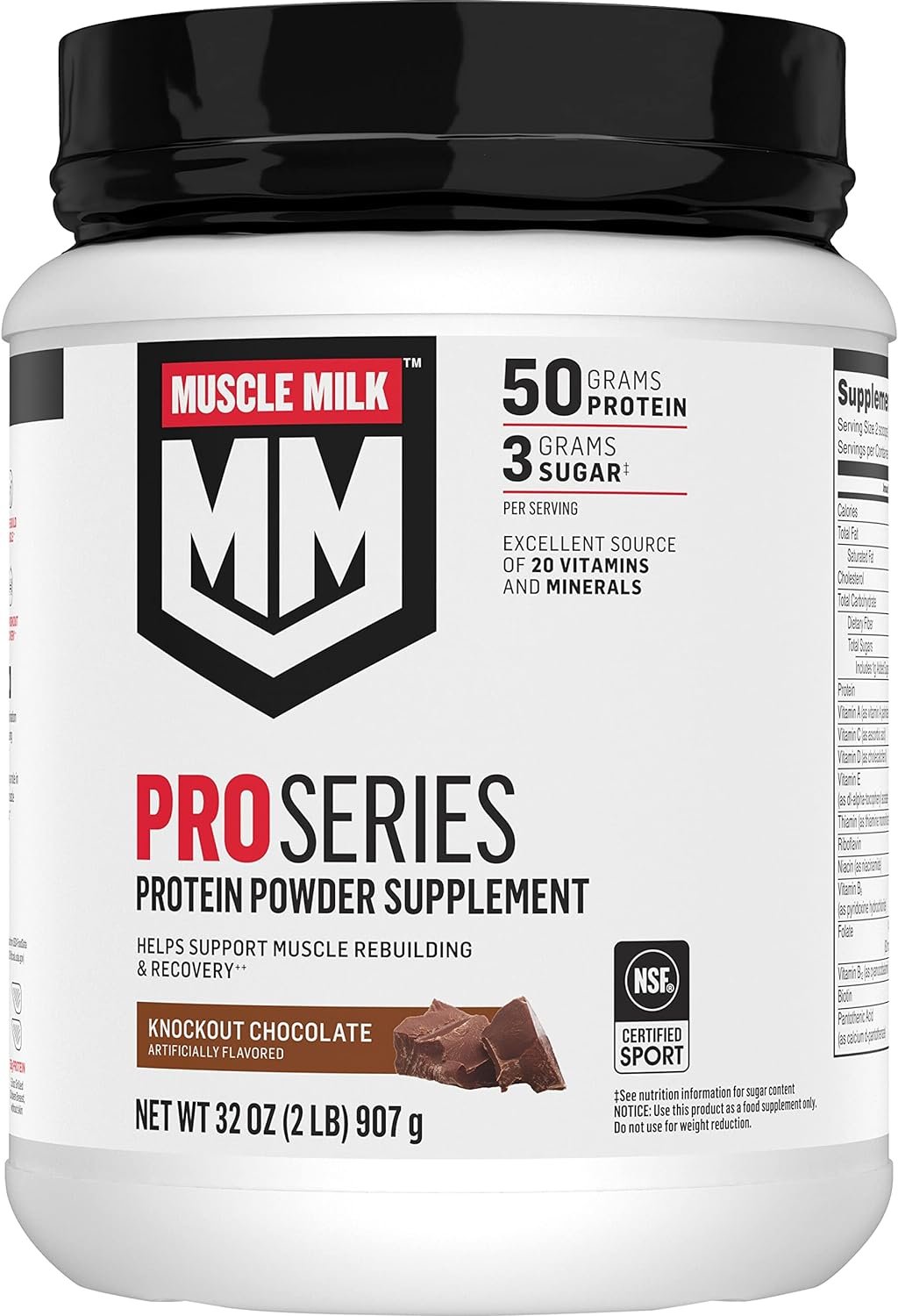 Muscle Milk Pro Series Protein Powder Supplement,Knockout Chocolate,2 Pound,11 Servings,50g Protein,3g Sugar,20 Vitamins Minerals,NSF Certified for Sport,Workout Recovery,Packaging May Vary