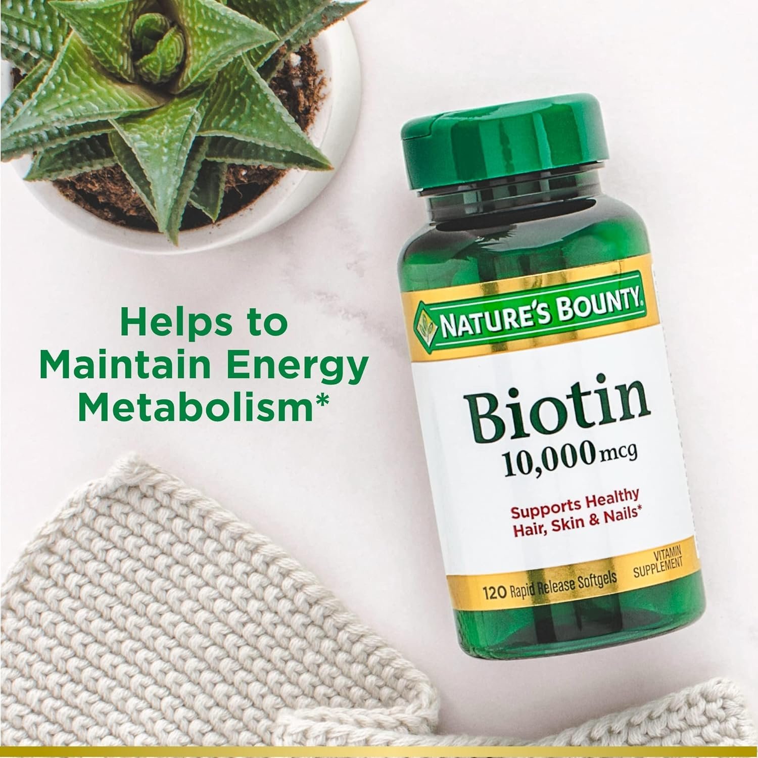 Natures Bounty Biotin, Supports Healthy Hair, Skin and Nails, 10,000 mcg, Rapid Release Softgels, 120 Ct