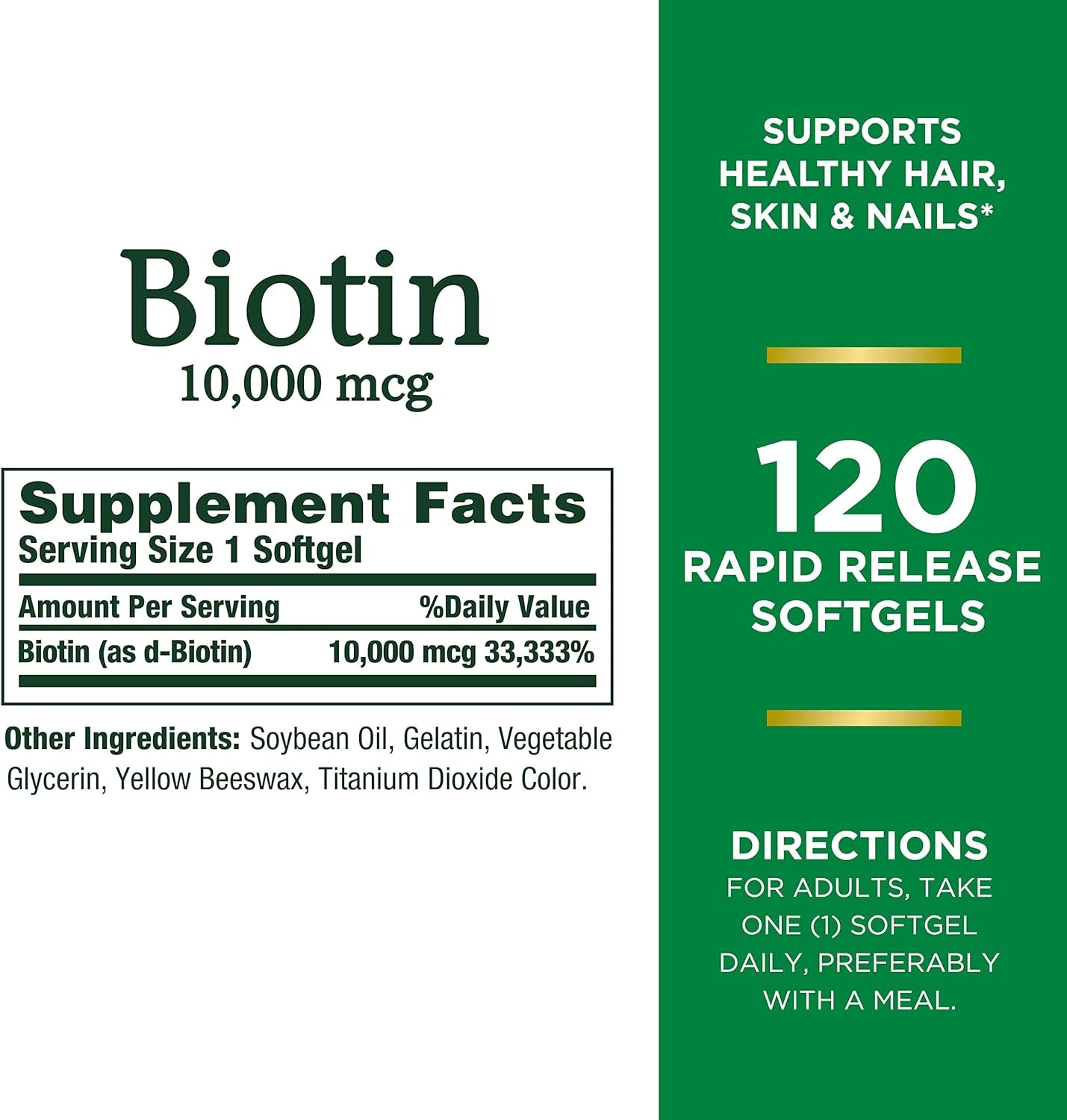 Natures Bounty Biotin, Supports Healthy Hair, Skin and Nails, 10,000 mcg, Rapid Release Softgels, 120 Ct