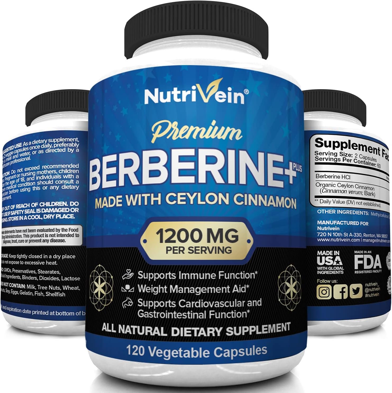 Nutrivein Premium Berberine HCL 1200mg Plus Organic Ceylon Cinnamon - 120 Capsules - Supports Glucose Metabolism, Immune System, Weight Management - Berberine HCI Supplement