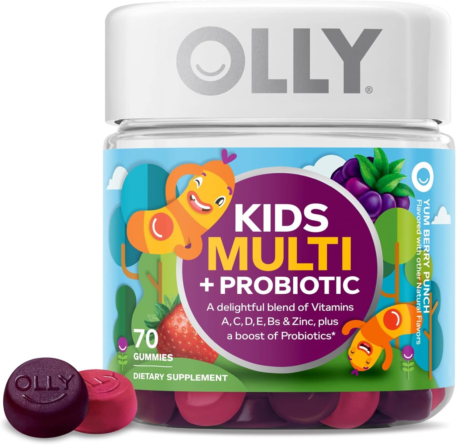 OLLY Kids Multivitamin + Probiotic Gummy, Digestive and Immune Support, Vitamins A, D, C, E, B, Zinc, Chewable Supplement, Berry, 35 Day Supply - 70 Count