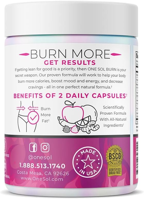 One Sol Fat Burner for Women, Natural Metabolism Booster, Burn More Calories, Boost Energy Mood, Curb Appetite Stop Cravings, No Crash or Jitters, All-Natural Ingredients, Gluten Soy Free