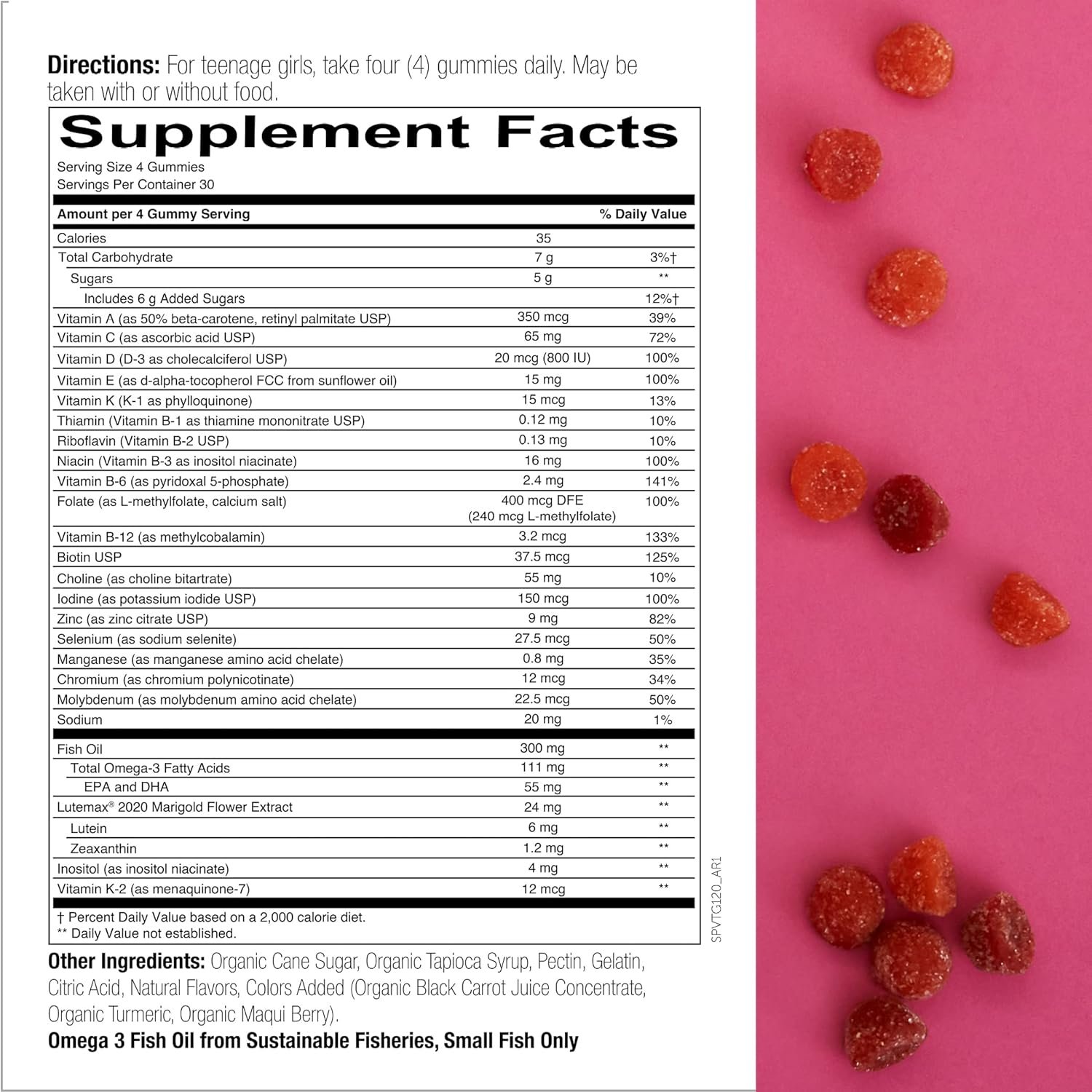 SmartyPants Teen Girl Formula, Daily Multivitamin Gummies: Vitamins C, B12, K, Zinc, Biotin for Immune Support, Energy, Skin Hair Support, Assorted Fruit Flavor, 120 Gummies (30 Day Supply)