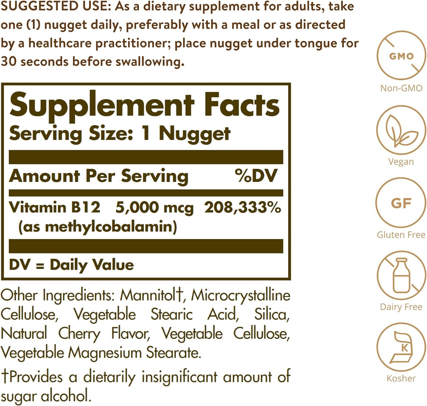 Solgar Methylcobalamin (Vitamin B12) 5000 mcg, 60 Nuggets - Supports Energy Metabolism - Body-Ready, Active Form of B12 - Vitamin B - Non GMO, Vegan, Gluten, Dairy Free, Kosher - 60 Count(Pack of 1)