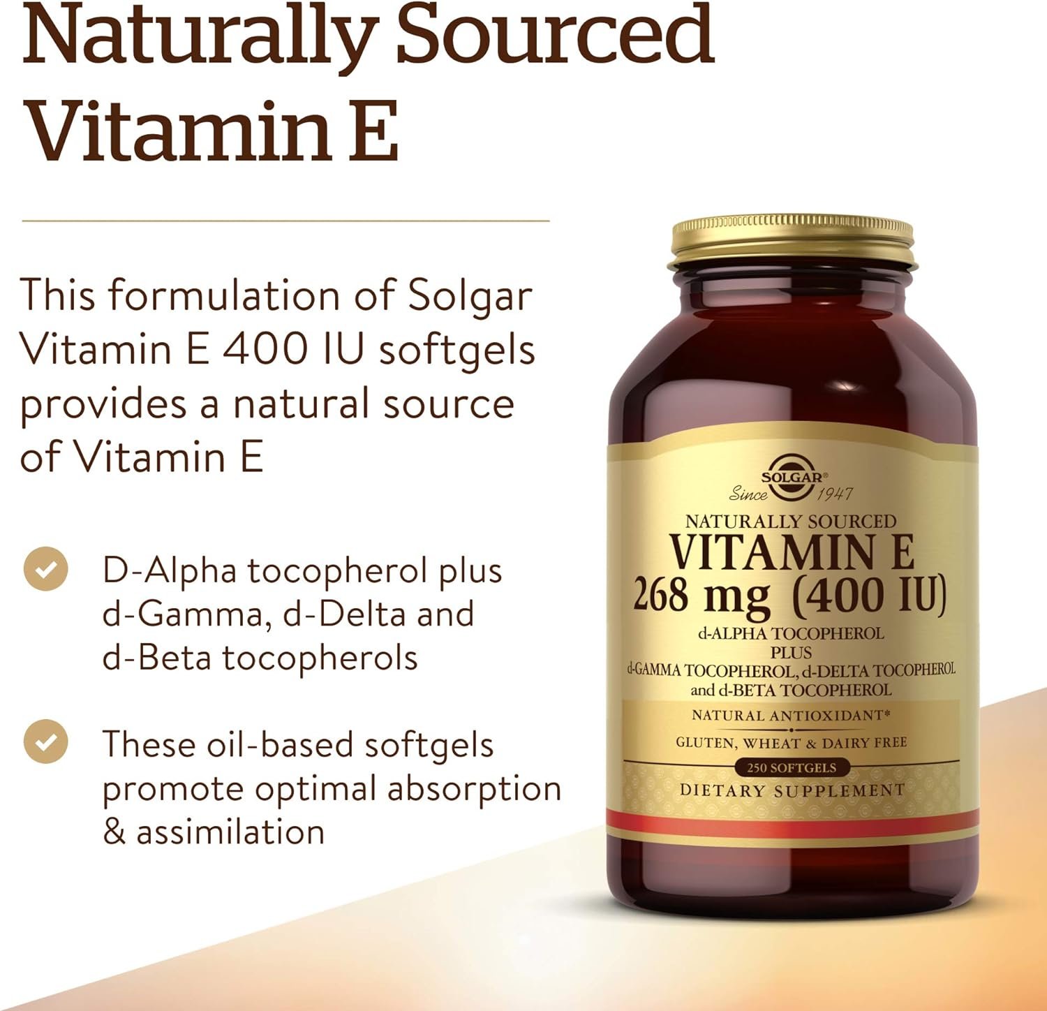 Solgar Vitamin E 268 MG (400 IU) (d-Alpha Tocopherol Mixed Tocopherols), 100 Softgels - Supports Immune System Skin Nutrition - Natural Antioxidant - Gluten Free, Dairy Free - 100 Servings