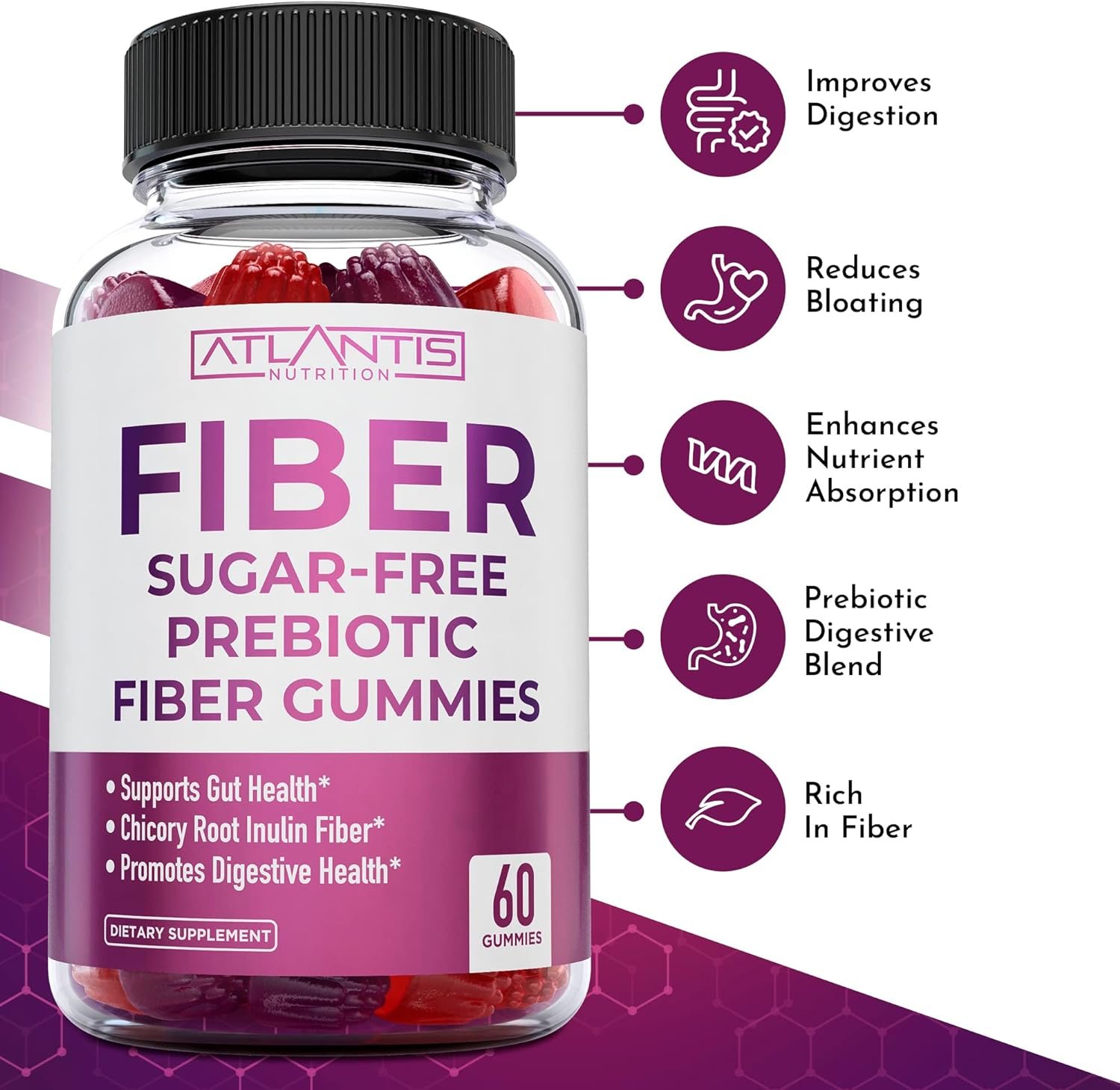 Sugar Free Prebiotic Fiber Gummies For Adults - Fiber Supplement Formulated With 5G Fiber 5.4G Prebiotic Digestive Blend. Supports Gut Health Promotes Healthy Digestion - 2-Pack (120 Gummies)